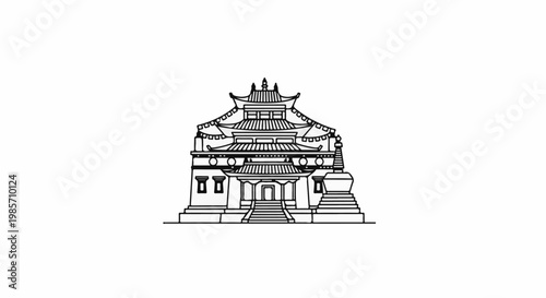 Stylized line drawing of a multi-tiered Asian temple with a stupa
