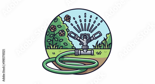 A garden sprinkler waters plants with a hose coiled nearby