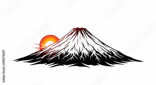 Stylized mountain with rising sun in warm sunset hues
