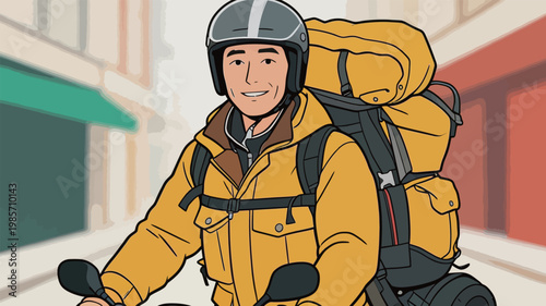 Man Riding Scooter with Large Backpack