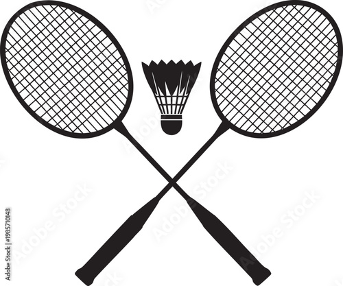 Badminton rackets and shuttlecock crossed silhouette with badminton shuttlecock silhouette