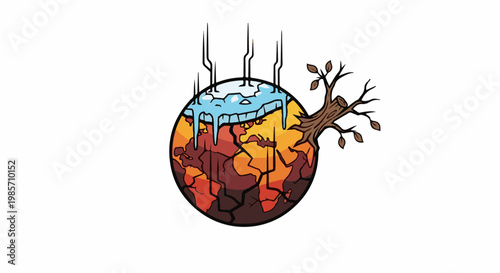 A cracked, arid Earth with melting ice caps and a dying tree