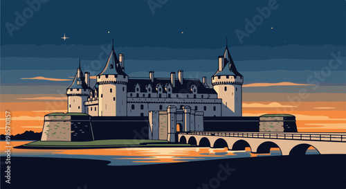 A pixelated castle stands on a lake at dusk with a bridge