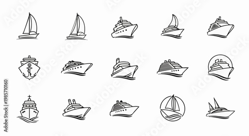 A collection of black and white line art icons representing various watercraft