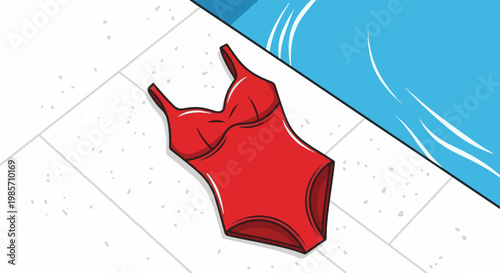 A bright red one-piece swimsuit rests on white tiled ground next to a blue pool