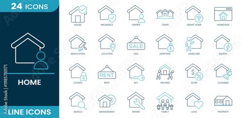 Home and real estate icon set. House, rent, mortgage, building, contract, key, apartment, sale, investment, landlord. Line vector icons.