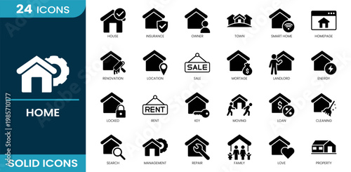 Home and real estate icon set. House, rent, mortgage, building, contract, key, apartment, sale, investment, landlord. Solid vector icons.