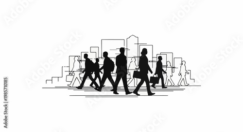 Stylized silhouette of people walking with cityscape background