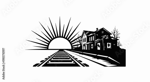 Sunrise over railway tracks leading to an abandoned house