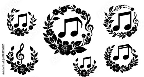Elegant musical notes and floral wreaths a black and white design collection for music lovers