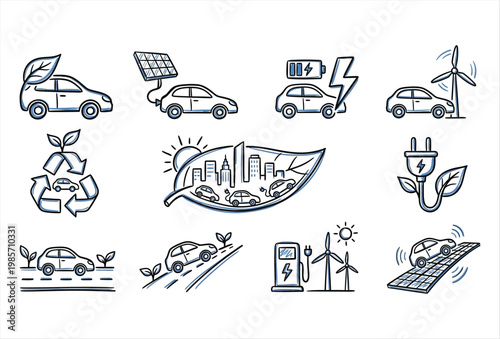 Electric Car Charging Icon Set – Hand Drawn EV Energy Vector