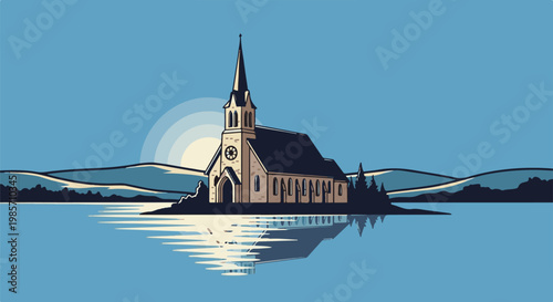 A pixelated church stands by a tranquil lake, reflecting its image at sunrise