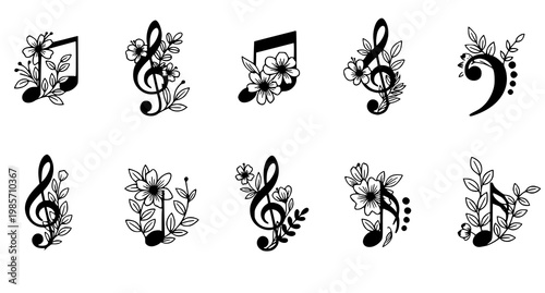 Elegant musical motifs floral and clef designs in a black and white composition