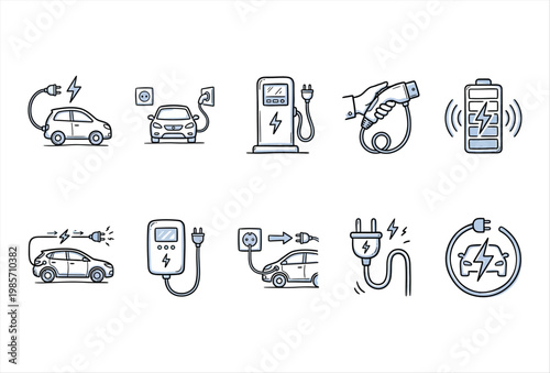 Electric Car Charging Icon Set – Hand Drawn EV Energy Vector