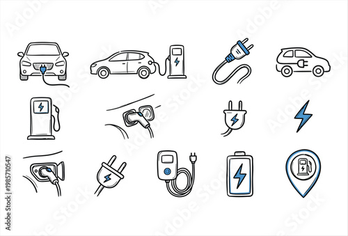 Electric Car Charging Icon Set – Hand Drawn EV Energy Vector