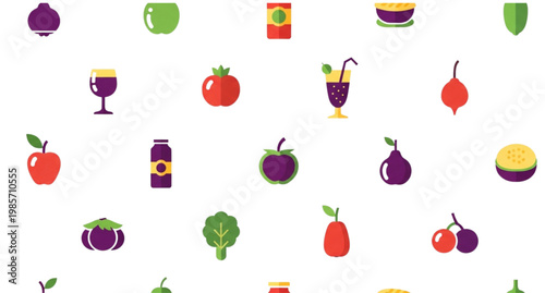 Colorful food and drink icons collection on a white background representing a variety of culinary delights