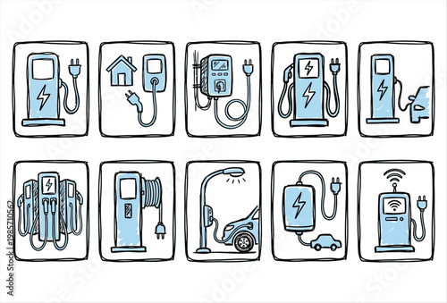 Electric Car Charging Icon Set – Hand Drawn EV Energy Vector