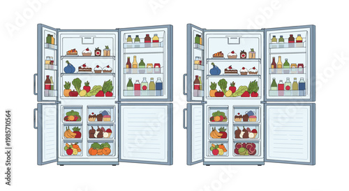 Internal view of two open refrigerators stocked with a variety of fresh food drinks vegetables and sweet desserts.