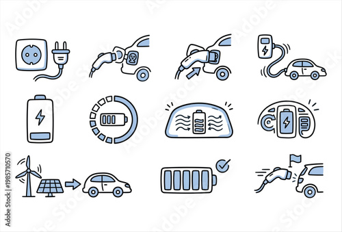 Electric Car Charging Icon Set – Hand Drawn EV Energy Vector