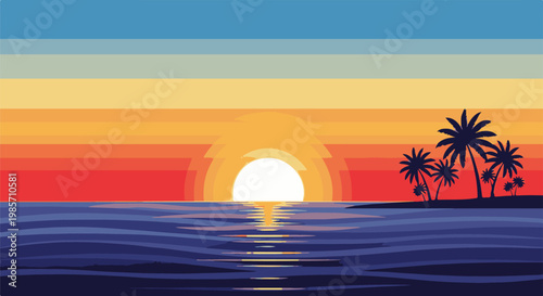Vibrant pixel art sunset with palm trees on a tranquil beach
