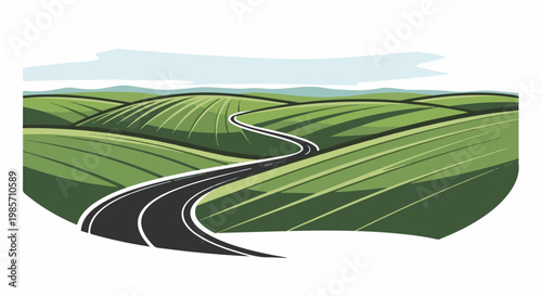 Winding road curves through rolling green fields under a pale sky