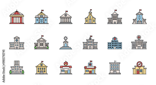 Diverse set of building icons including government offices schools churches hospitals and shops for city planning designs.