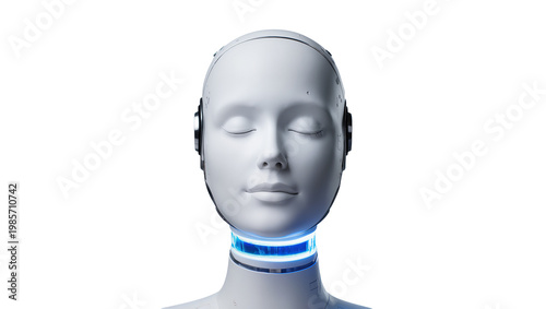 Fotografie Female android head with closed eyes and glowing blue neck ring, isolated on tra