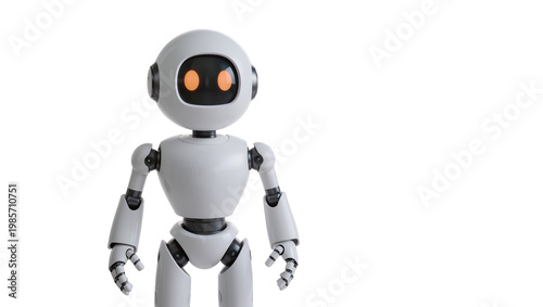 Cute white robot with orange glowing eyes, isolated on transparent background