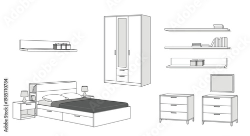 Line art illustration of a bedroom furniture set including a bed wardrobe nightstands shelves and a chest of drawers.