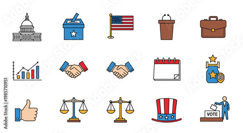Political and election themed icons featuring the capitol building ballot boxes flags scales of justice and voting symbols.