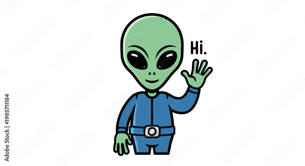 Fototapeta premium Cute Cartoon Alien Waving Hand Saying Hi Vector Illustration, Friendly Extraterrestrial Character Design for Kids Projects and Sci-Fi Digital Graphics