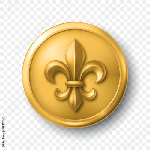 Vector 3d Gold Fleur-de-Lis Emblem Icon Isolated. Round Fleur-de-Lis Badge with Royal Heraldic Lily Symbol. Decorative Seal, Coin, Button for Medieval, Luxury, Heraldic Design