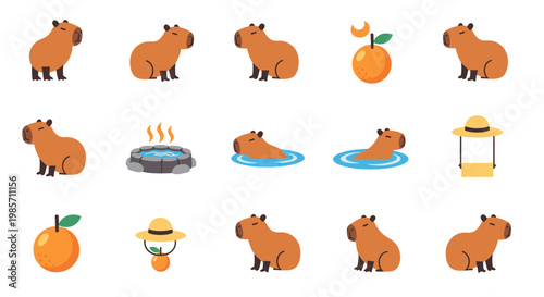Cute Capybara Set Vector Illustration, Flat Design Elements Featuring Onsen Bathing and Yuzu Fruit Icons for Kawaii Animal Graphic Projects