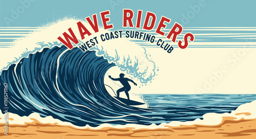 Retro style surfing club poster featuring a massive ocean wave a silhouette of a surfer and vintage typography.
