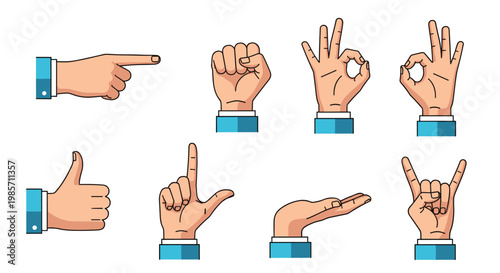 Set of human hand gestures showing common signs like pointing fist ok thumbs up and rock on in a flat color style.
