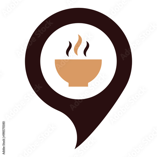 Brown map pin icon with steaming bowl inside circle frame icon