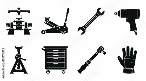 Automotive Tools Icons Car Lift Jack Wrench Torque Impact Chest Glove Mechanic Workshop Equipment Symbols Collection