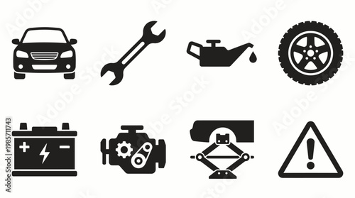 Automotive Maintenance Icons Car Wrench Oil Tire Battery Engine Jack Warning Triangle Vehicle Repair Safety Service