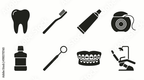 Dental Care Icons Tooth Toothbrush Toothpaste Floss Mouthwash Mirror Braces Chair Oral Hygiene Dentistry Health