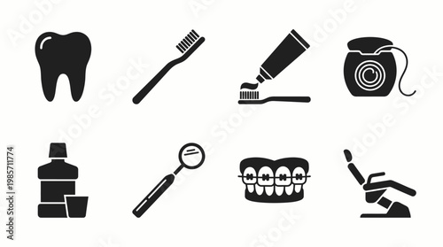 Dental Care Icons Tooth Toothbrush Toothpaste Floss Mouthwash Mirror Braces Chair Oral Hygiene Dentistry Health