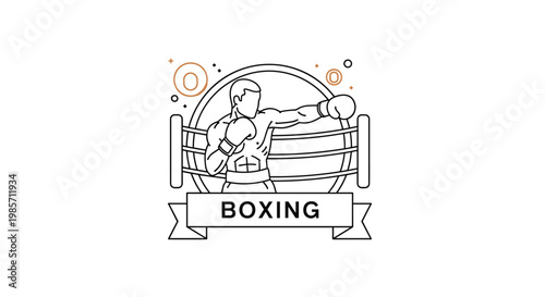 Boxing themed line art illustration featuring a professional fighter in a ring with decorative circular elements and a bold banner.