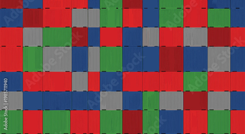 Multicolored metal shipping containers are stacked in a tight grid pattern representing global logistics and industrial trade.