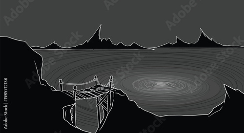 A grayscale illustration of a small wooden bridge leading to a mysterious swirling body of water with a dark mountain range in the background at dusk