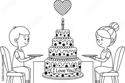 Adorable cartoon line art of a boy and girl sitting together at table with a giant I Love You cake.