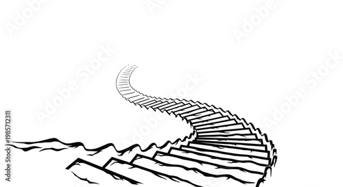 A white line drawing of a winding staircase leading up to nowhere on a black background with a mountain range