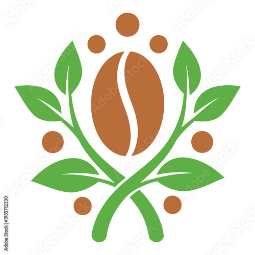 Coffee bean with green leaves and brown dots illustration design element icon