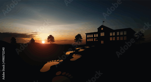 Silhouette of a school building at sunset with footprint trail leading to it in a serene landscape