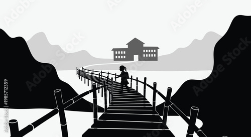 A black and white illustration of a girl walking on a bridge towards a house in the mountains