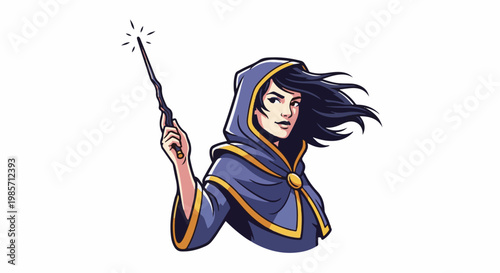 A pixelated illustration of a woman in a hooded cloak holding a wand
