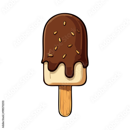Chocolate coated ice cream bar with nuts on a stick melting dessert treat